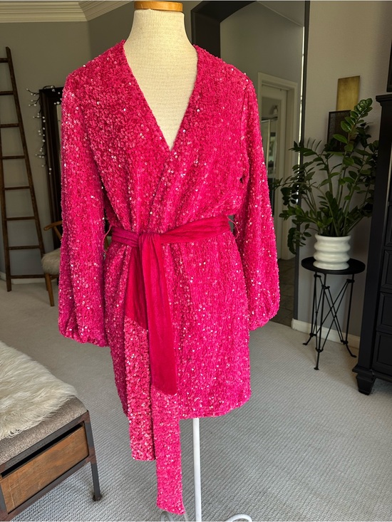Blue B Collection Dresses & Skirts - Blue B Collection, Bright Pink Sequin Wrap Mini Dress with Belt, size large